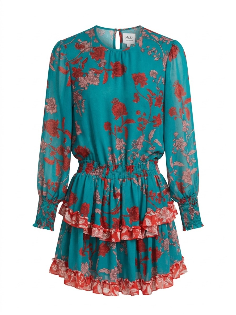 Misa Los Angeles Teal Dress with Coral Floral Ruffles XS